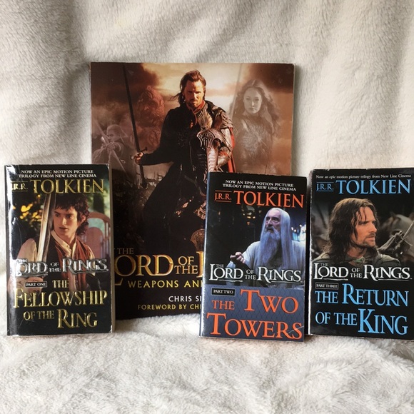JRR Tolkien Lord of the Rings Trilogy Books Set of 3 + Weapons and Warfare - Picture 1 of 16